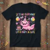 IT'S MY BIRTHDAY LET'S PARTY A LOTL axolotl t-shirt design with balloons, cake, and gifts