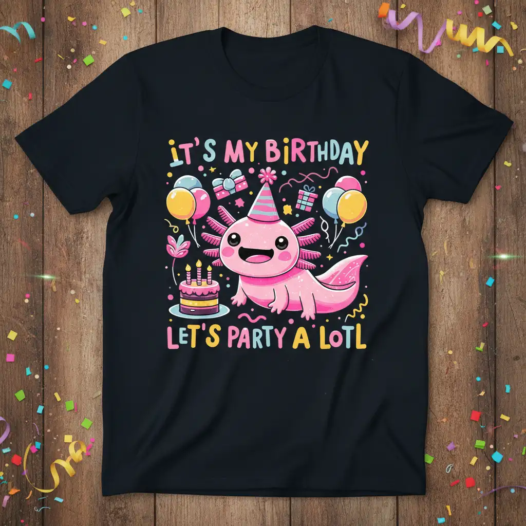 IT'S MY BIRTHDAY LET'S PARTY A LOTL cute axolotl graphic t-shirt with festive birthday elements