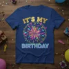 It's My Birthday text with a colorful burst graphic on a navy blue t-shirt, perfect for birthday celebrations
