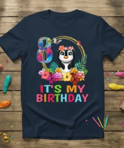 It's My Birthday Penguin 8th Birthday graphic tee for girls, featuring a cute penguin with a flower crown and the