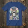 It's My Birthday Raccoon T-Shirt with balloons and gifts, featuring playful font and festive design for kids