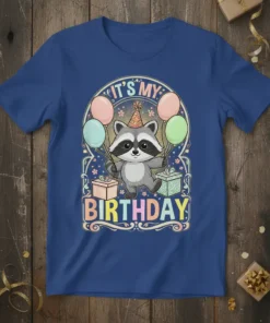 It's My Birthday Raccoon T-Shirt with balloons and gifts, featuring playful font and festive design for kids