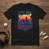 It's My Birthday retro neon cityscape t-shirt design with colorful balloons and sunset