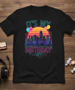 It's My Birthday retro neon cityscape t-shirt design with colorful balloons and sunset