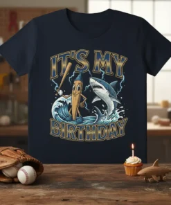 It's My Birthday t-shirt design featuring a cartoon baseball player character and a shark amidst waves and lightning bolts