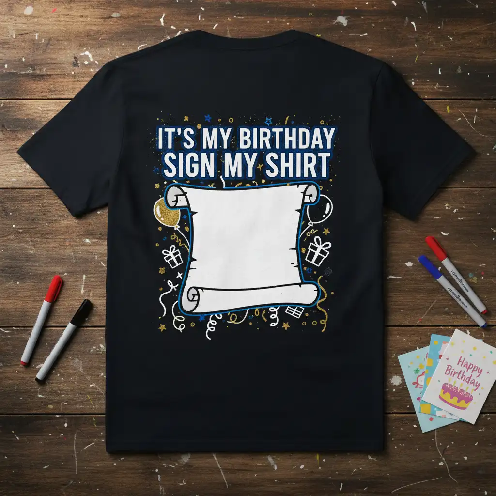 It's My Birthday Sign My Shirt text and blank scroll graphic for signing on a black t-shirt