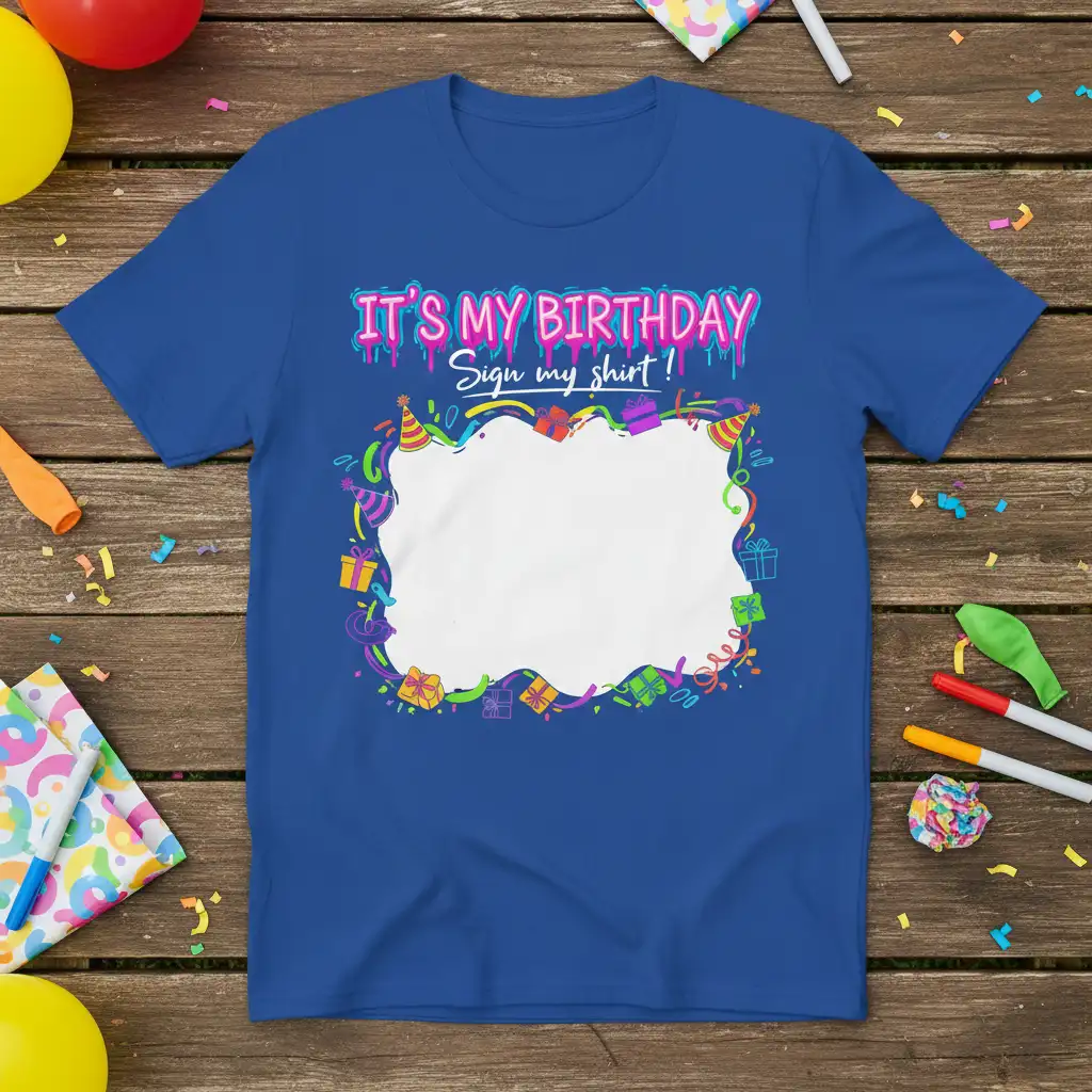 It's My Birthday Sign My Shirt! tee with festive birthday graphics and a central area for autographing