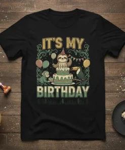 It's My Birthday text with a sloth wearing a party hat, cake, monkey, and toucan on a black t-shirt design