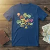 It's My Birthday Trip t-shirt design featuring colorful text, globe, hot air balloon, airplane, and sailboat icons