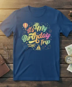 It's My Birthday Trip t-shirt design featuring colorful text, globe, hot air balloon, airplane, and sailboat icons