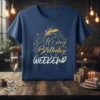 It's my Birthday WEEKEND text design with champagne glasses and stars on a navy blue t-shirt