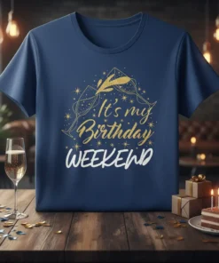 It's my Birthday WEEKEND text design with champagne glasses and stars on a navy blue t-shirt