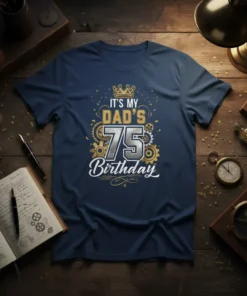 IT'S MY DAD'S 75 BIRTHDAY text design with crown and gears graphic on a navy blue t-shirt