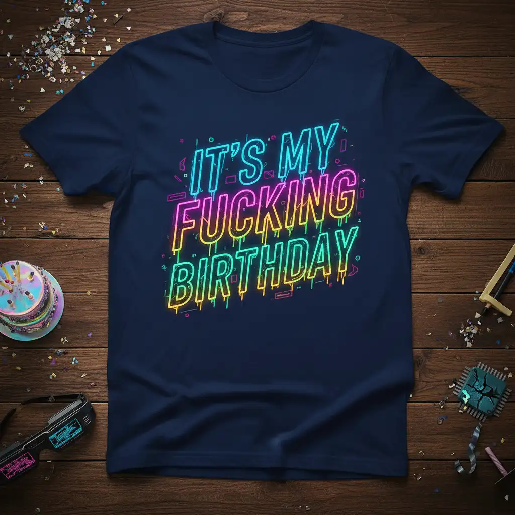 It's My Fucking Birthday quote in vibrant neon dripping letters on a navy t-shirt