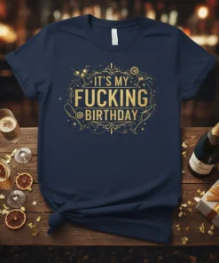 Navy blue t-shirt with gold glitter text reading "IT'S MY FUCKING BIRTHDAY" surrounded by party graphics like champagne glasses and