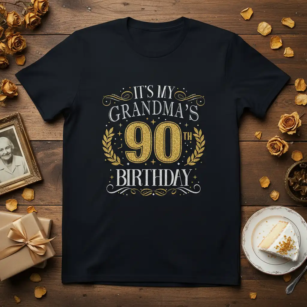 It's My Grandma's 90th Birthday quote on a black t-shirt with gold glitter accents and laurel leaves