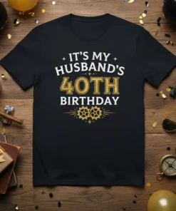 Black t-shirt with white and gold text reading "IT'S MY HUSBAND'S 40TH BIRTHDAY" and gear graphics