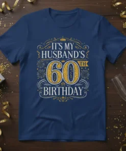 It's My Husband's 60th Birthday t-shirt with bold gold numbers and festive fireworks graphic