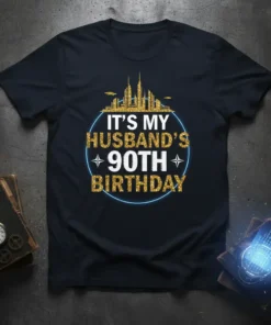 It's My Husband's 90th Birthday t-shirt with glittering city skyline graphic and text
