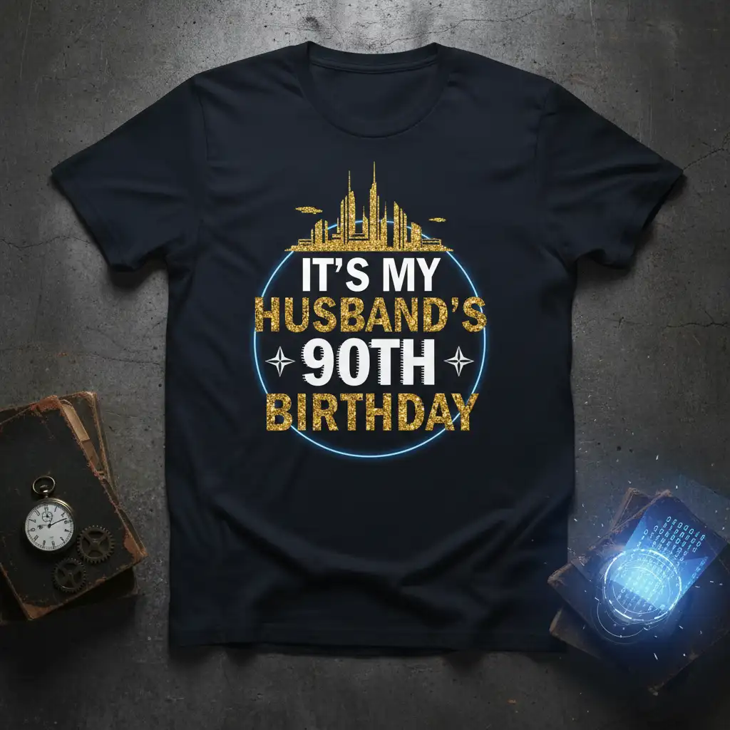 It's My Husband's 90th Birthday quote with glittering city skyline graphic on a dark t-shirt