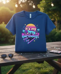 Retro 80s style t-shirt with neon text "it's my my Birthday!" featuring a sunset, palm trees, and lightning bolts