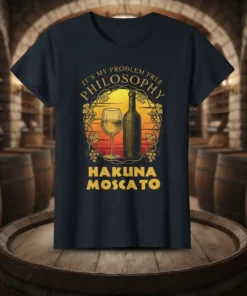 IT'S MY PROBLEM FREE PHILOSOPHY HAKUNA MOSCATO quote with wine bottle and glass graphic on a dark t-shirt