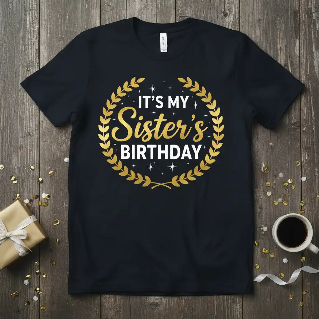It's My Sister's Birthday text in a gold laurel wreath design on a black t-shirt