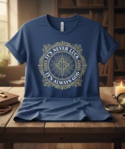 Christian t-shirt with gold circular design featuring a cross and the quote "It's Never Luck It's Always God"