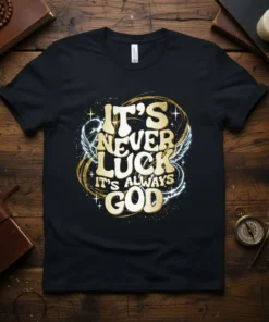 It's Never Luck It's Always God quote on a black t-shirt with golden sparkle and wing graphics