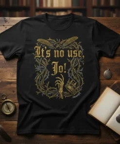 Black t-shirt with "It's no use, Jo!" quote in ornate gold gothic font, surrounded by thorny vines, feathers, and skeleton