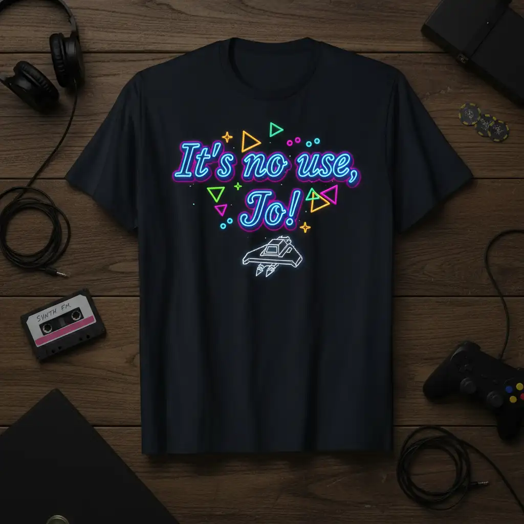 It's no use, Jo! retro neon gaming quote t-shirt with geometric shapes and spaceship graphic