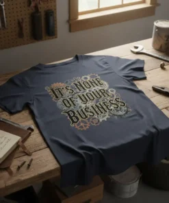 Dark blue t-shirt with bold text "It's None Of Your Business" surrounded by intricate gears and steampunk-inspired design elements