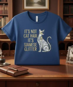 It's Not Cat Hair It's Siamese Glitter quote with a decorative Siamese cat graphic on a navy blue t-shirt