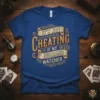 It's Not Cheating If My Husband Watches quote t-shirt with vintage ribbon design and gold lettering