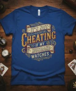 It's Not Cheating If My Husband Watches quote t-shirt with vintage ribbon design and gold lettering