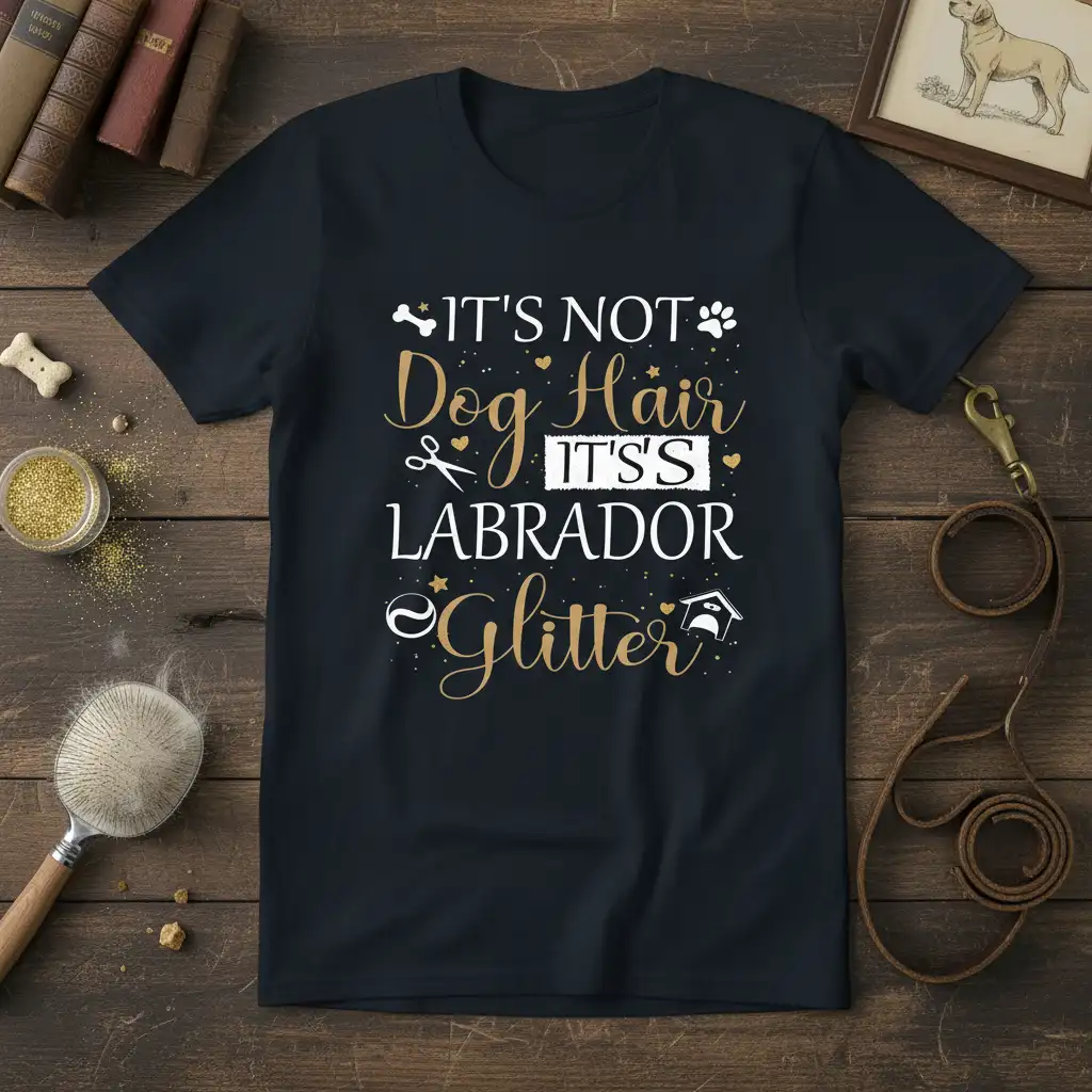 It's Not Dog Hair It's Labrador Glitter humorous quote on a black t-shirt, perfect for Labrador owners