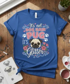 It's Not Dog Hair Pug It's Glitter text design with a cute pug face and floral accents on a blue