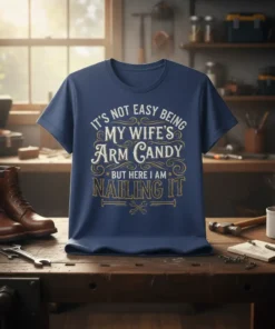 Blue t-shirt with gold and white text: "IT'S NOT EASY BEING MY WIFE'S ARM CANDY BUT HERE I AM NAILING