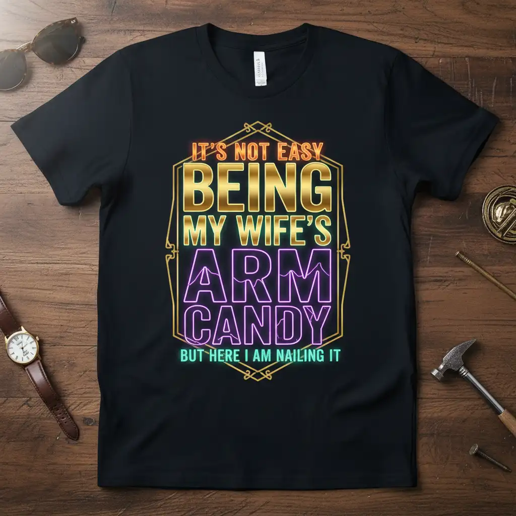 It's Not Easy Being My Wife's Arm Candy But Here I Am Nailing It humorous quote on a black t-shirt with gold