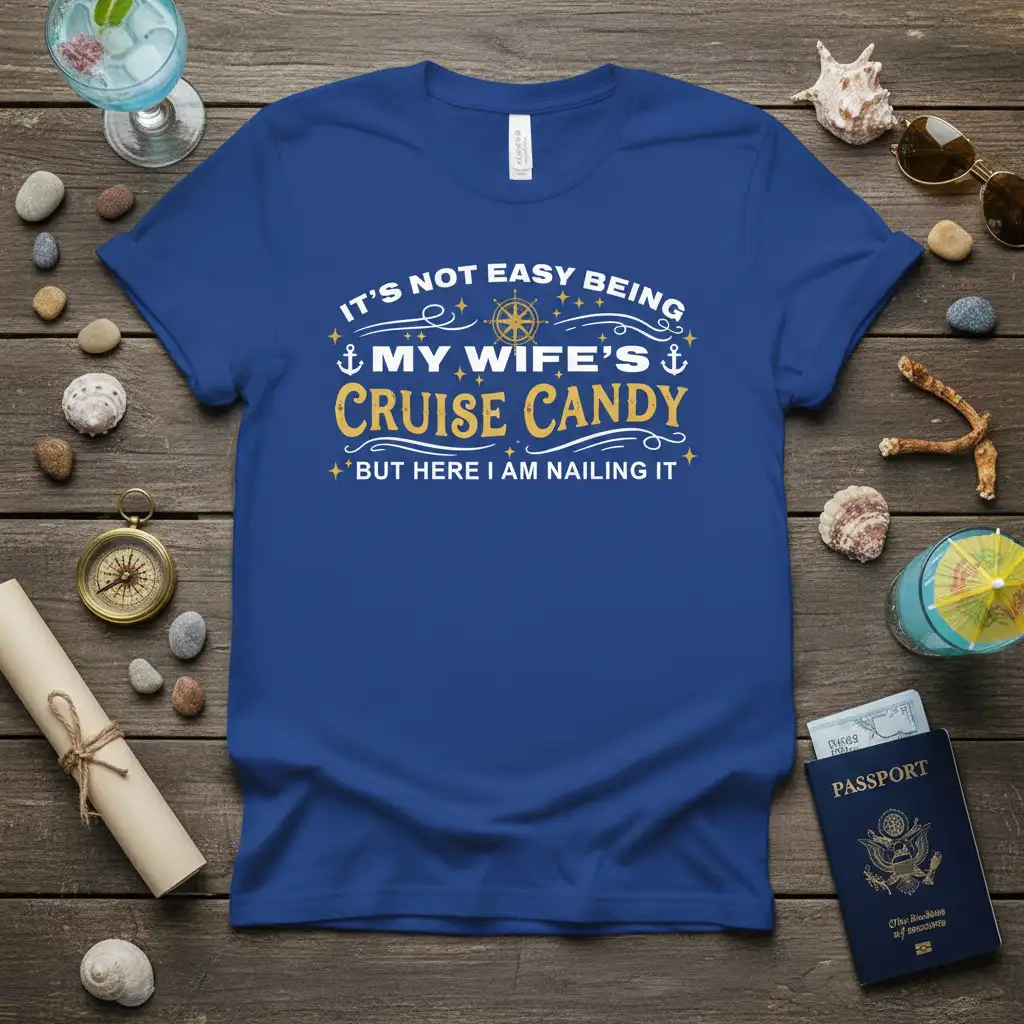 IT'S NOT EASY BEING MY WIFE'S CRUISE CANDY BUT HERE I AM NAILING IT quote on a blue t-shirt with nautical accents