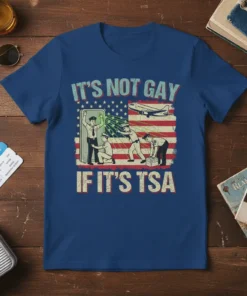 It's Not Gay If It's TSA quote with American flag background and TSA agents screening a passenger, on a blue