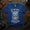 T-shirt design with "it's not gray, it's chrome. Staybearded." text and a stylized bearded face with sunglasses