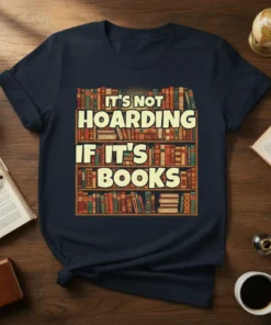 It's Not Hoarding If It's Books quote on a t-shirt, featuring a bookshelf filled with colorful books