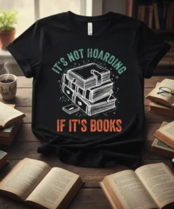 Black t-shirt with "It's Not Hoarding If It's Books" quote and stack of books graphic