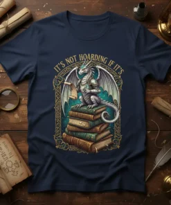 It's Not Hoarding If It's quote with a white dragon on a stack of books, fantasy theme