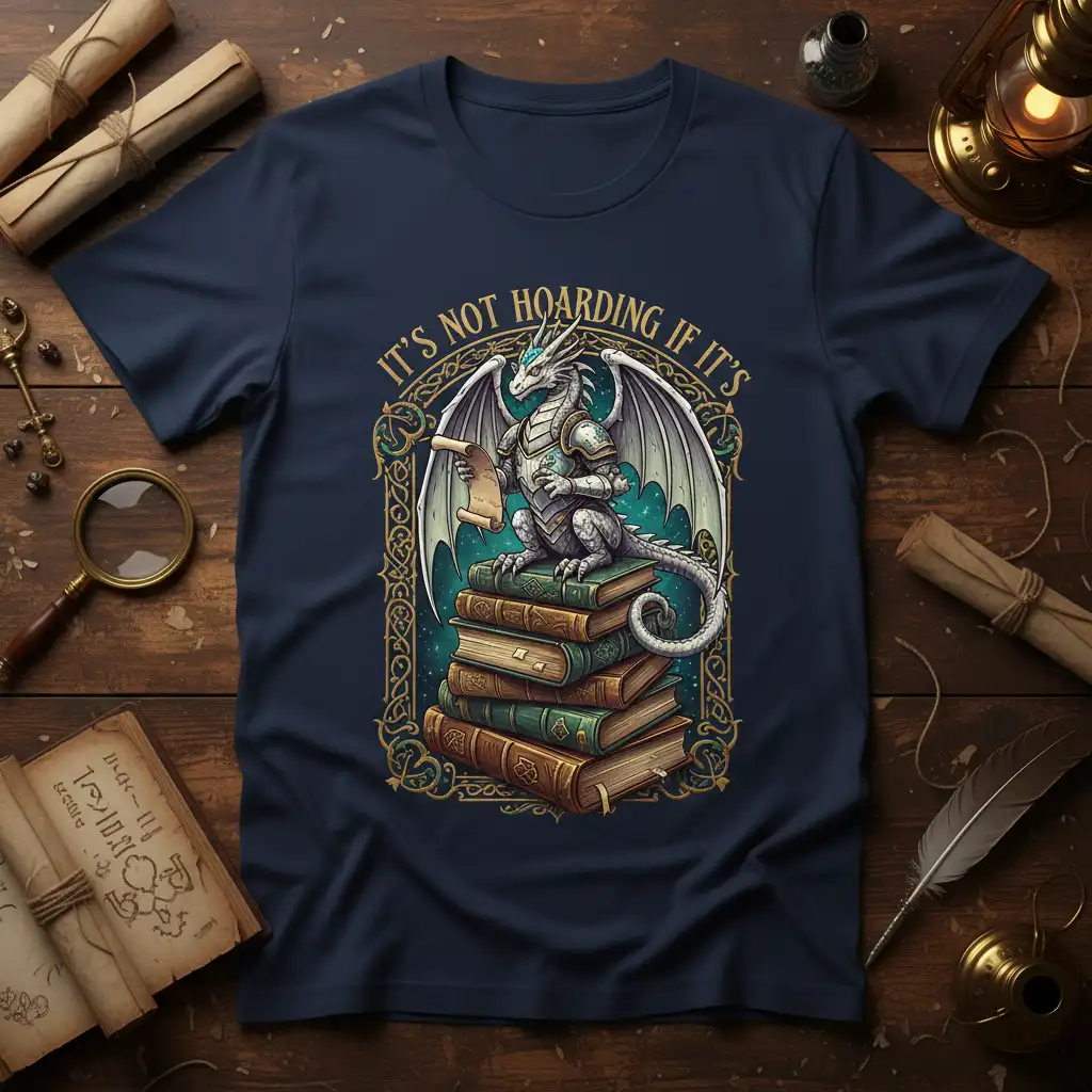 It's Not Hoarding If It's quote with detailed dragon on stack of books, fantasy reader design