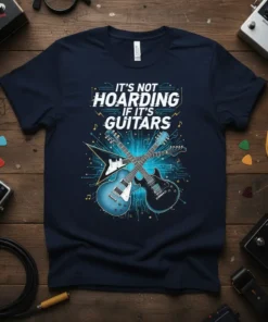 It's Not Hoarding If It's Guitars text with crossed electric guitars graphic on a navy t-shirt