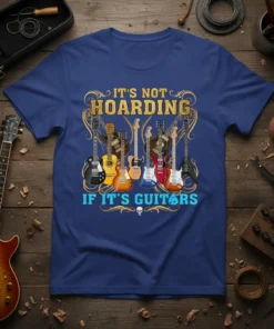 It's Not Hoarding If It's Guitars quote with a collection of electric guitars graphic on a navy blue t-shirt