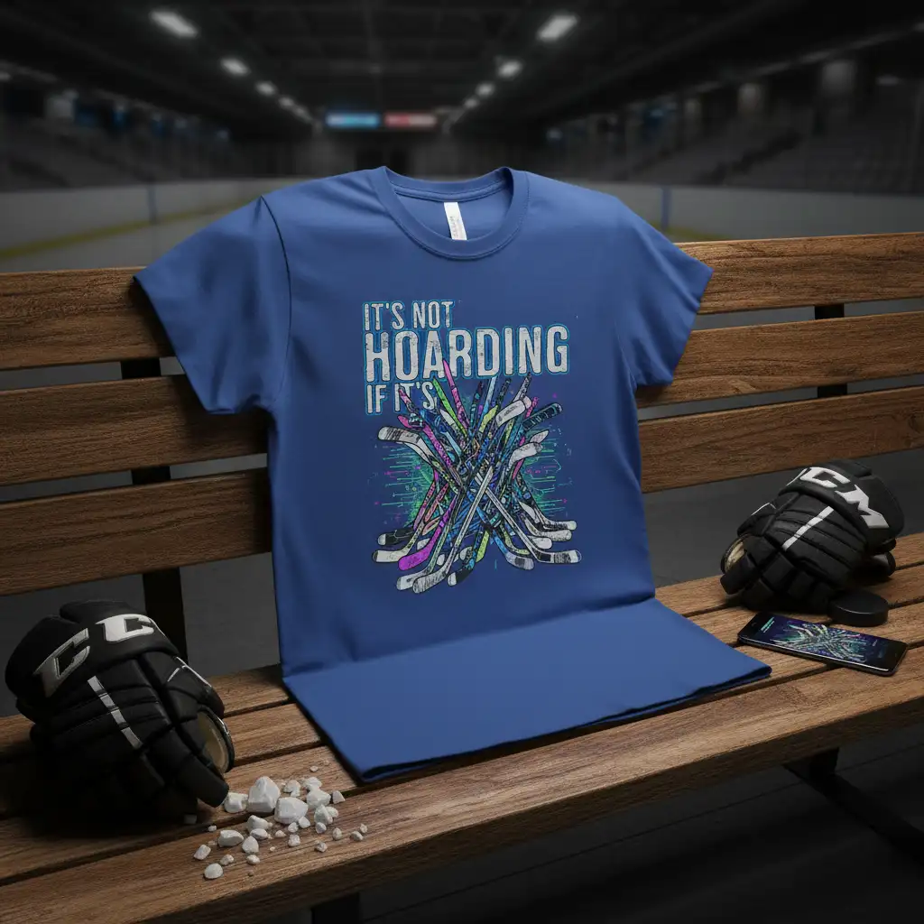 It's Not Hoarding If It's Hockey T-Shirt featuring a pile of crossed hockey sticks graphic