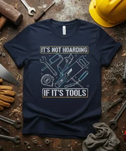 T-shirt with the quote "IT'S NOT HOARDING IF IT'S TOOLS" and line art of various tools like wrenches, saw, and